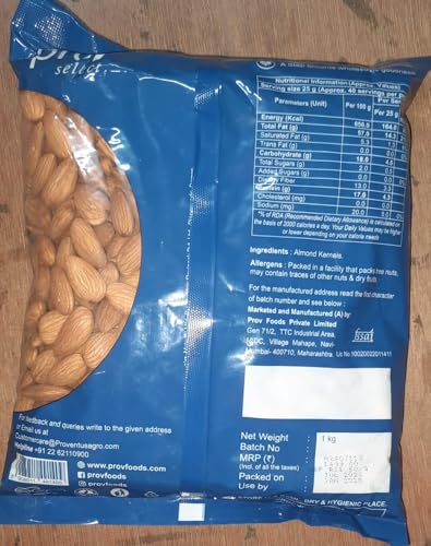 Image of ProV Select - Almonds 1kg|Value Pack|Raw Badam Dry Fruit | High Protein Snack and Super Healthy Nuts | Amazing Quality Almond | Sourced from California | Crunchy & Tasty |
