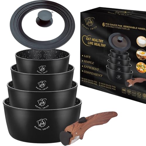 Royal Swiss® 6-teiliges Töpfe-Set mit abnehmbarem Griff | Kochtöpfe 14/16/18/20 cm + Universal-Glasdeckel | Induktionsgeeignet, Platzsparendes Kochset für alle Herdarten (Schwarz, abnehmbar)