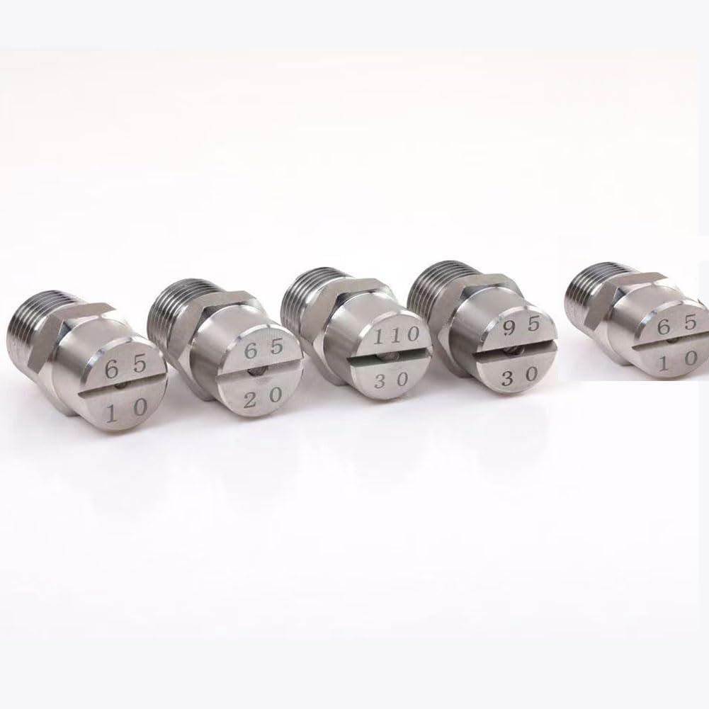 Five stainless steel flat fan spray nozzles lined up