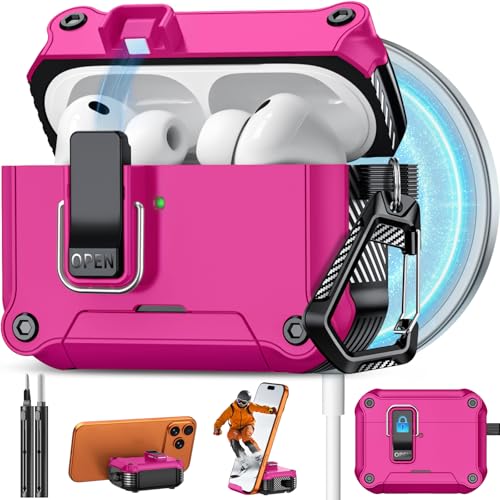 Image of Pohgelan for AirPods Pro 3 Case with Safety Lock-Rose red | Magnetic Automatic Lock with Cleaning Kit&Keychain,Compatible with Magsafe