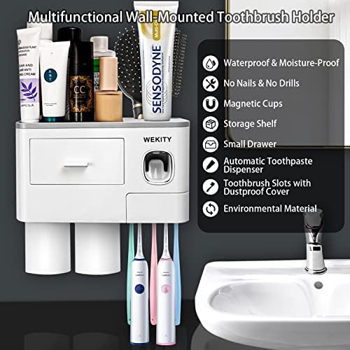 WEKITY Toothbrush Holder Wall Mounted, Bathroom Toothbrush Holder Set Automatic Toothpaste Dispenser Kit with Cups, Toothbrush Slots and Drawers Cosmetic Organizer