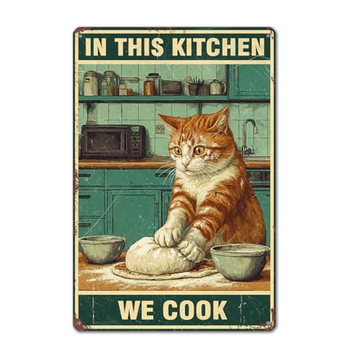 Gudaci Funny Chef Cat Metal Sign, Vintage Kitchen Wall Decor, "In This Kitchen We Cook", Cute Cooking Cat Wall Art for Coffee Bar, Restaurant or Home, 8x12 Inch