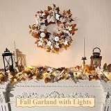 6 FT Fall Garland with Lights Automatic ON/Off Fall Leaves Mantle Garland with Pumpkins Berries Pinecones Outdoor Thanksgiving Christmas Autumn Centerpiece Decorations for Home Door Fireplace Porch