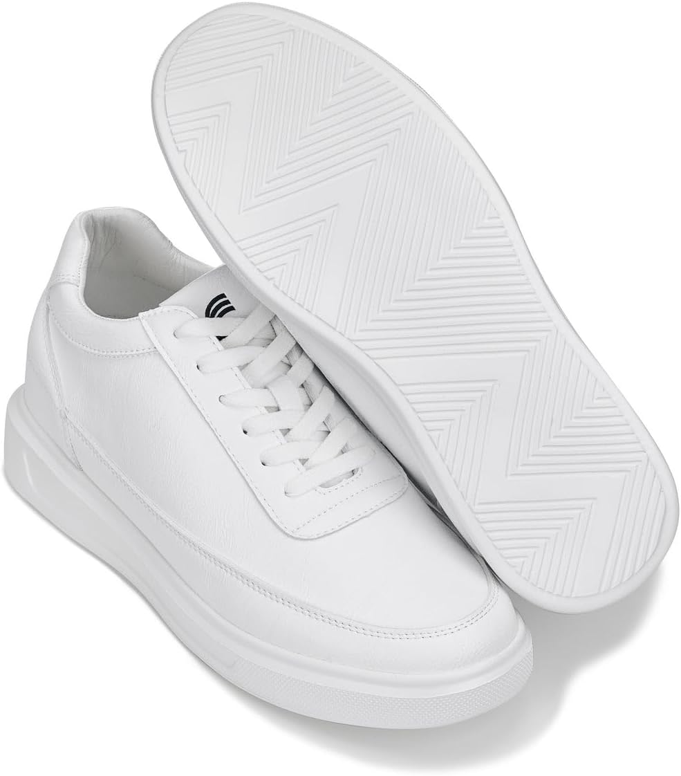 CALTO Erkek Görünmez Boy Uzatan Ayakkabılar - Saf Beyaz Hafif Bağcıklı Deri Spor Ayakkabılar - 7 cm Daha Uzun Görünmenizi Sağlar - X1647 - 9 D(M) US Numara