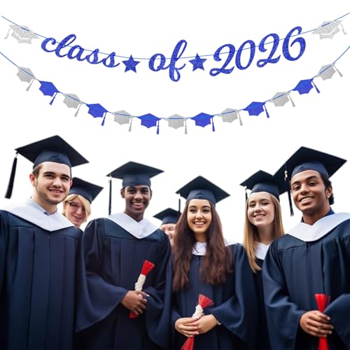 Image of Navy-Blue White-Silver Party-Decoration Graduation Banner - 14pcs Kits Cap Garland Streamers, Royal Paper Tissue Pom Poms Flowers Fans Honeycomb,Class Of 2026 College High School Grad Decor Hugfond