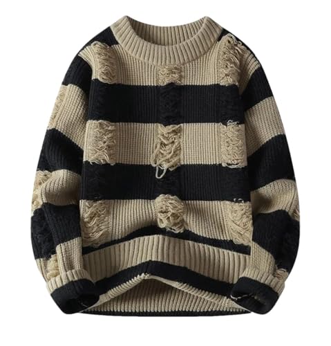 Men Hole Decoration Striped Knit Sweater O-Neck Casual Warm Sweaters Hip Hop Slim Fit Knitted Pullovers