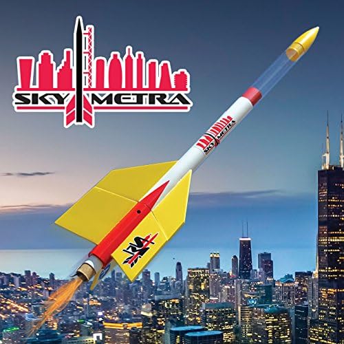 Apogee SkyMetra model rocket launching with engine exhaust visible