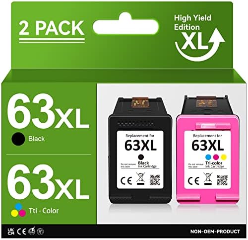 63XL Printer Ink for HP Ink 63 Replacement for HP 63 XL 63XL Ink Cartridges Combo Pack Works with OfficeJet 3830 4650 4655 5252 Envy 4520 4512 DeskJet 2130 2132 3630 Printer (1 Black,1 Tri-Color)