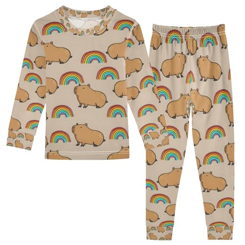 senya Fun Capybara with Rainbow Pajamas Set Long Sleeve Soft Cotton Sleepwear 2 Piece
