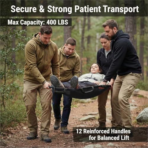 Image of Emergency Patient & Large Dog Transport Stretcher Gurney, 400 lbs | Includes carrying bag and 12 rubber handles, heavy duty patient animal mover for emergency rescue and vet care, black.