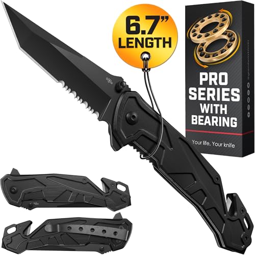 6.7' Compact Legal Pocket Knife with Bearing - 5 in 1 Knife - 2.8” Serrated Tanto Blade - with Glass Breaker & Seatbelt Cutter & Pocket Clip - Small Tactical Folding Knives for Men Women Hunting EDC Work 6620 B