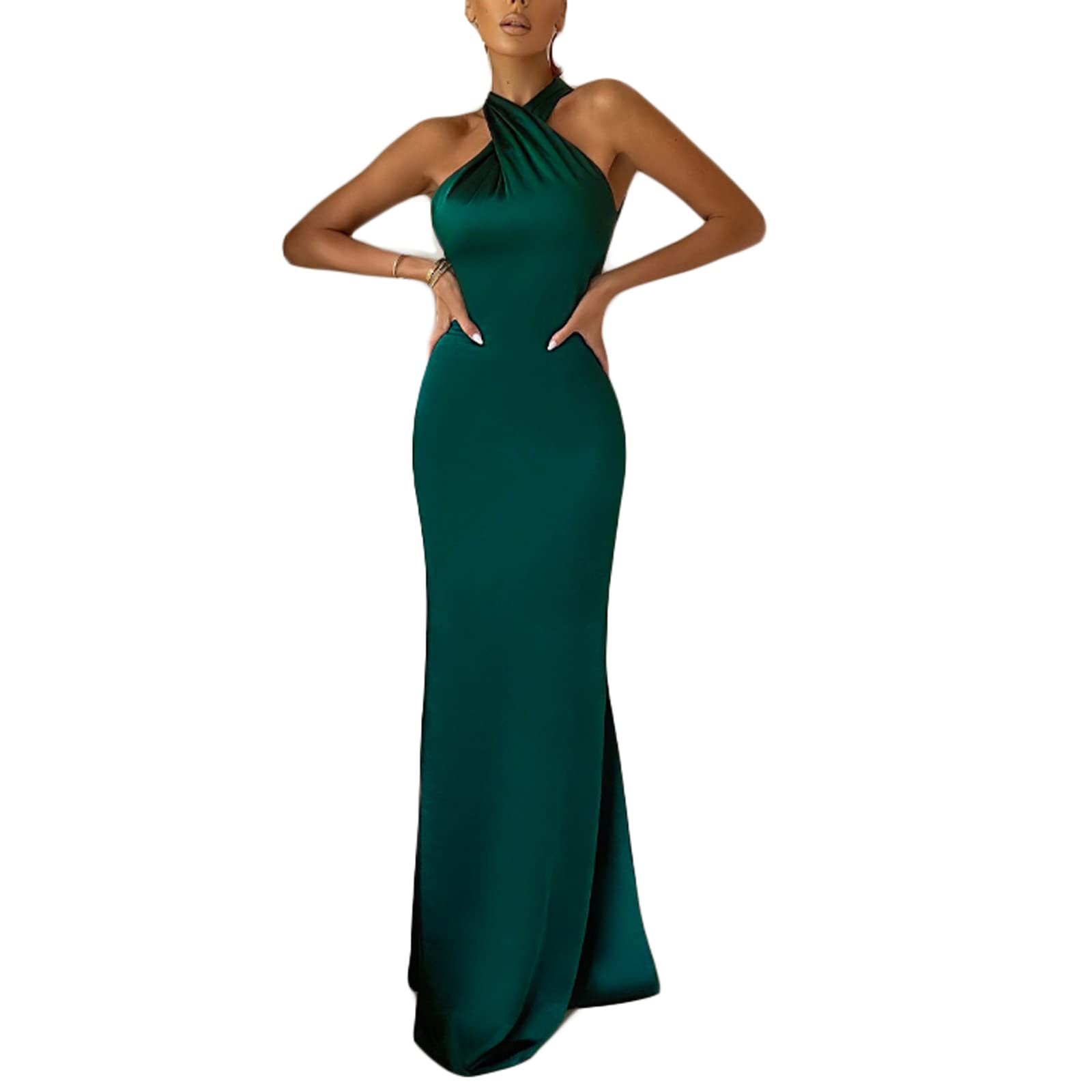 FeMereina Vestido de noche largo de sirena con cuello halter sin mangas y elástico liso para invitados de boda