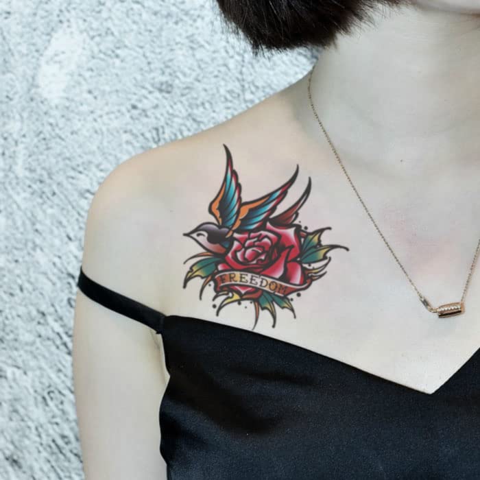 Oottati 4 Sheets Fake Waterproof Hand Back Temporary Tattoos Stickers, Halloween Color Red Flower Snake Bird Rose Lighthouse