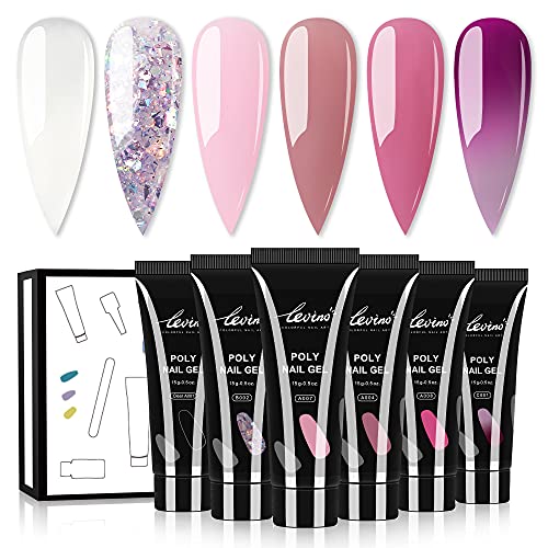 Levino Poly Nails Gel - Poly Nails Gel Colors Clear Pink Glitter Nail Extension Gel Builder Gel with Color Changing Poly Nails Gel Easy DIY at Home for Starter (Not Include Nail Tools)