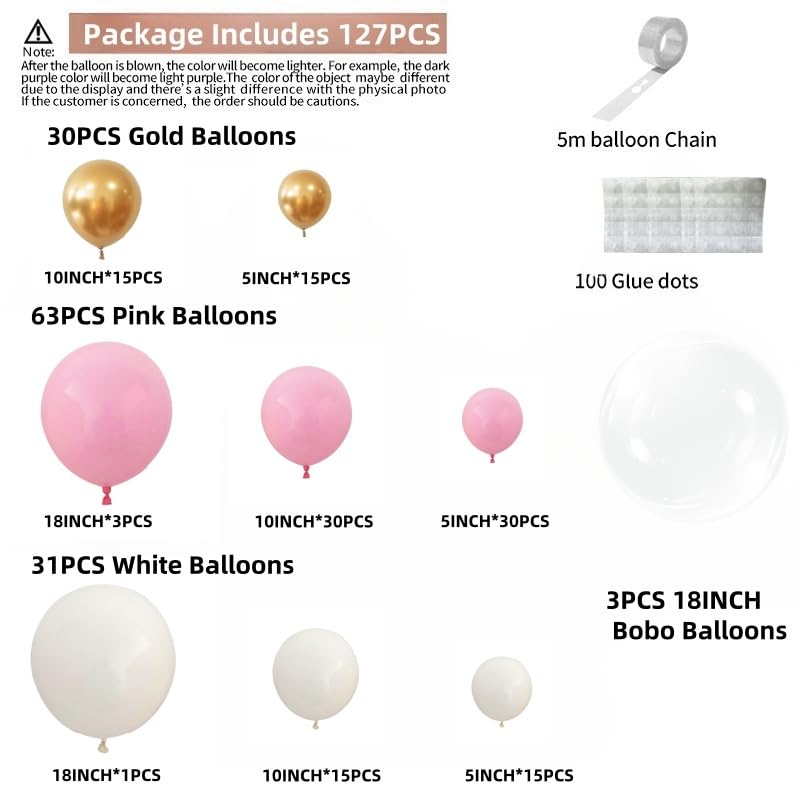 Image of Pink Gold Balloon Garland Kit 127PCS Bobo Pastel Pink Balloons for Birthday Wedding Engagements Graduation Baby Shower Anniversary Party Decorations