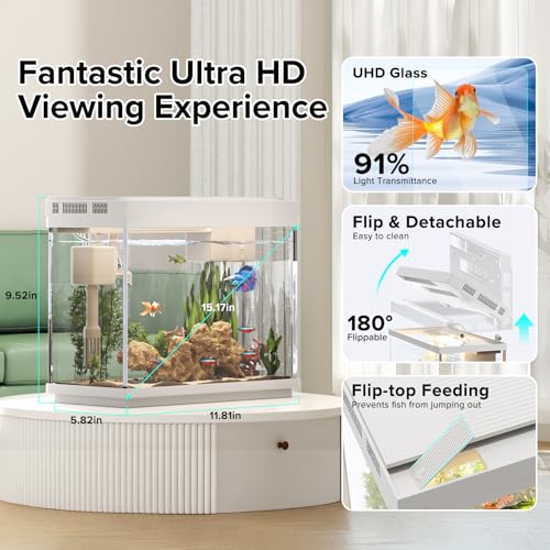 Image of Vehipa Aquarium, 2.4 Gallon Betta Fish Tank with Heater, Humidifier 3 in 1 Pump - Filteration & Oxygenation & Circulation, Temperature Display, HD Glass, Timed 7-Color Lights