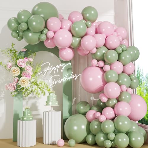 110pcs Sage Green and Pink Balloons Garland Arch Kit 18/12/10/5 Inch Pink and Green Latex Balloons for Boho Birthday Wedding Baby Shower Gender Reveal Party Decorations