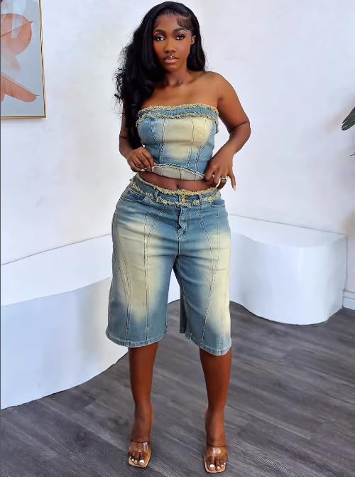 Molilove Women's Vintage Two Piece Denim Outfits Sleeveless Tube Top and Short Pants Y2K Jeans Set Summer Tracksuits - Image 6