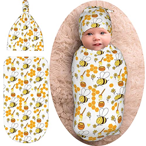 Image of Honey Bee Baby Stuff Swaddle Blanket Hat Set,Soft and Stretchy Infant Receiving Blanket for Newborn, Swaddle Sack Wrap for Boy/Girl