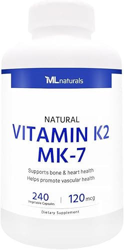 Vista 3 de ML Naturals Vitamina natural K2 MK-7 120 mcg 120 cápsulas vegetales. MK-7/99% All-Trans MK-7. Apoya la salud ósea y cardíaca, promueve la salud