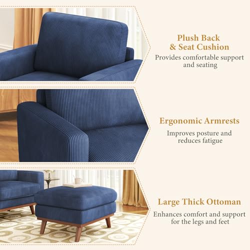 Image of Vesgantti 38.5 inch Accent Chair with Movable Ottoman, Comfy Corduroy Armchair with Spring Cushion, Reading Chair with Ottoman, Modern Single Sofa for Living Room, Bedroom and Apartment, Dark Blue