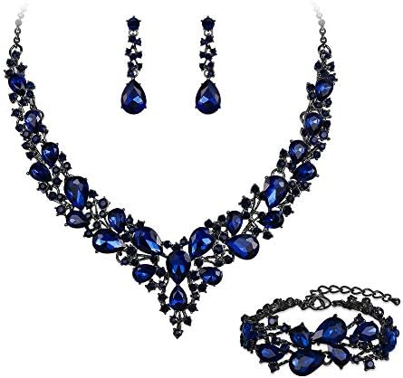 BriLove Wedding Bridal Jewelery for Women Austrian Crystal Teardrop Cluster Statement Necklace Dangle Earrings Link Bracelet Set Navy Blue Sapphire Color Black-Silver-Tone