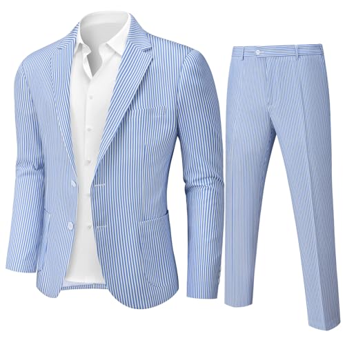 WEEN CHARM Men's 2 Piece Slim Fit Pinstripe Seersucker Suit Lightweight Breathable for Beach Wedding Summer Formal2