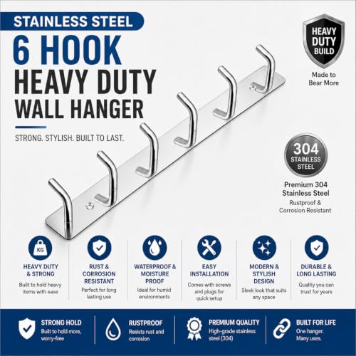 Image of Stainless Steel Cloth Hooks for Wall, Clothes Hook Hangers Door Mounted, Wall Mount Shirt Hanging Hangers, Dress Holder Pegs - 6 Pin-XL, Pack of 1, Silver