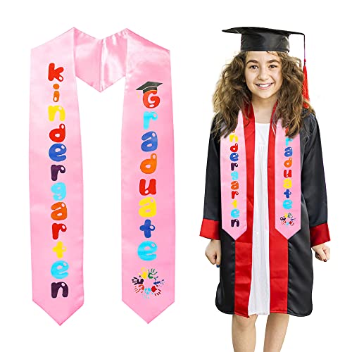 2026 Kids Kindergarten Graduation Sash Graduation Printed Stole Unisex Preschool Kindergarten Graduation Colorful Words Stole Pink Double Sided Graduation Satin Sash for Kids Graduation Decoration