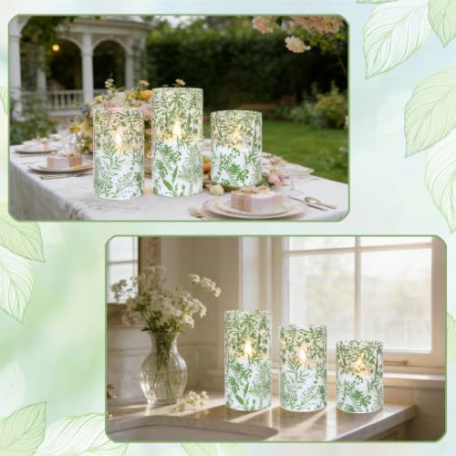 Image of Green Plants Flameless Candles with Remote Timer, Plant Theme LED Glass Candles, Battery Operated Candles for Home Party Wedding Christmas Botanical Summer Decor, Set of 3