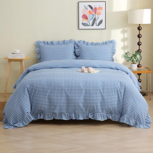 Silnuo Royal Blue and White Gingham Ruffle Duvet Cover Set King Size