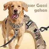 Funfox Hundegeschirr Mittelgroße Hunde [L] - Verstellbares Anti-Zug Brustgeschirr mit Griff & Reflektorstreifen, Atmungsaktives No Pull Hundegeschirr für Grosse/Kleine Hunde Outdoor Tarnbraun
