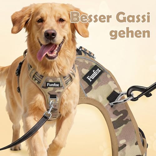 Funfox Hundegeschirr Mittelgroße Hunde [L] - Verstellbares Anti-Zug Brustgeschirr mit Griff & Reflektorstreifen, Atmungsaktives No Pull Hundegeschirr für Grosse/Kleine Hunde Outdoor Tarnbraun