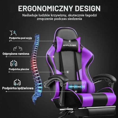 GTPLAYER Krzesło gamingowe, ergonomiczne krzesło biurowe, fotel gamingowy z podparciem okolic masażu, krzesła zadaniowe z podnóżkiem i zagłówkiem, fioletowa sztuczna skóra