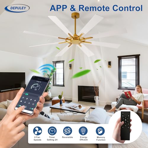Image of Depuley Ceiling Fan Without Light: 72 Inch Big Indoor Outdoor Fan with Remote APP Control - Brass White Large Ceiling Fan no Light 8 Blade Reversible Quiet DC Motor Memory Function Timer