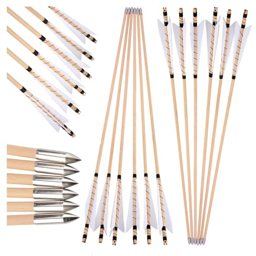 PYMUST 12PCS 32 Wooden Archery Arrows Natural Feather Fletching Bullet Points for Traditional Recurve & Longbow Hunting & Target Practice