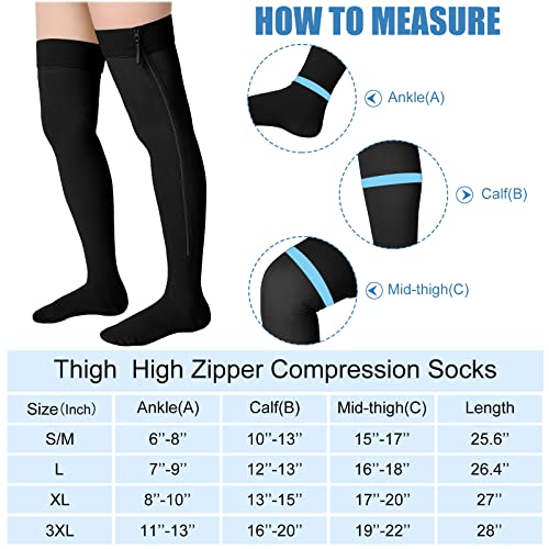 2 Pairs Zipper Compression Socks Thigh High 20-30 Mmhg Compression Socks With Zipper Closed Toe Thigh High Compression Stockings For Women Men Swelling (Black, 3X-Large) #TOP5