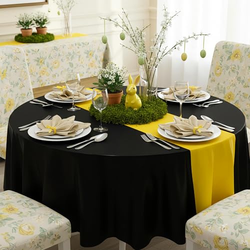 Image of Remagr 6 Pcs Round Plastic Tablecloth 84 Inch Disposable Tablecloth Party Table Cover for Graduation Wedding Birthday Retirement Decoration (Black,Yellow)
