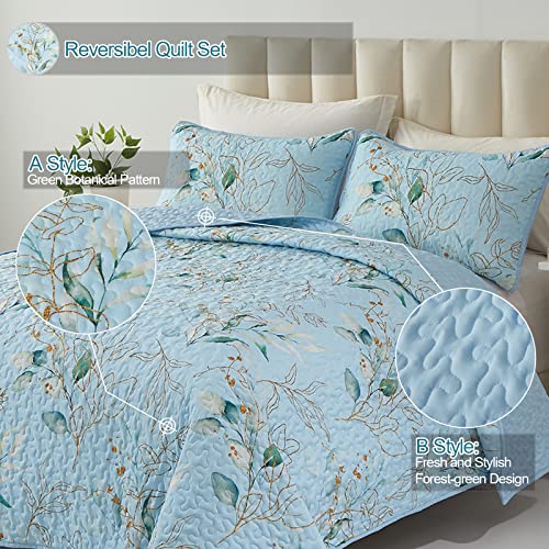 3 Pieces Floral Quilt Sets Queen Size,Blue Leaf Queen Quilt Sets Soft Bedspread Queen Size Bedding Set For All-Season (96"X90") #TOP1