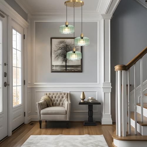 Image of Vintage Farmhouse Mint Green Ribbed Glass Pendant Light, Gold 3-Light Hanging Lamp for Kitchen Island Dining Room Breakfast Nook Pantry