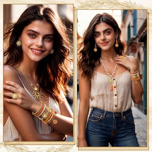 Image of Tondiamo 16 Pcs Gold Sun Jewelry Set for Women Sunburst Earrings Rings Boho Hippie Layer Charm Necklace Summer Beach Bracelets Anklet for Holiday Vacation Accessories