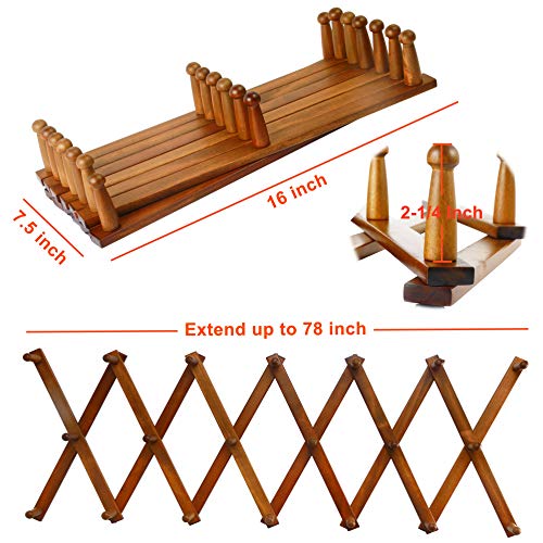Dseap Accordian Wall Hanger: 16” High Wooden Wall Expandable Coat Rack, Hat Rack Holder, Accordion Hook for Baseball Caps, Coats, Mugs, 20 Peg Hooks, Brown