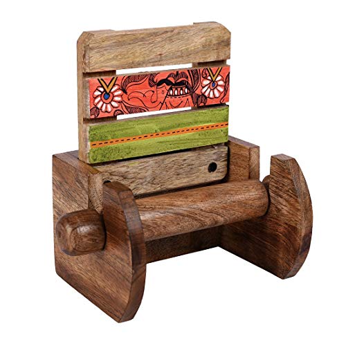 Image of Aakriti Art Creations Madhubani Art Wooden Towel Holder | Handcrafted Wooden | Matte Finish Natural Brown Wall Mounted Towel Holder for Bath & Wash Area