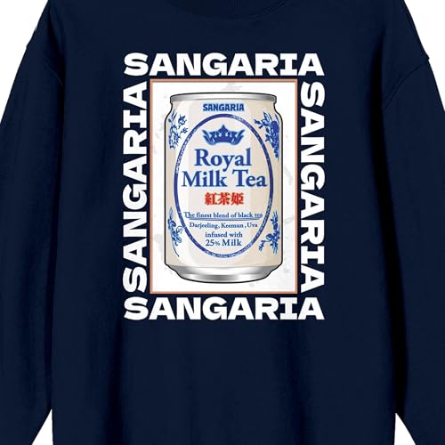 Bioworld Milk Tea White Logo Text, Royal Milk Tea Can Graphic on Navy Adult Crew Neck2