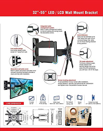 Image of 24x7 eMall Heavy Duty Full Motion Cantilever Tilt Swivel Wall Mount Bracket for 32 inch inch to 55 inch LED, LCD and Plasma TV for VESA Sizes 100 x 100 Upto 400 x 400 mm (Wall Swivel 32''- 55'')