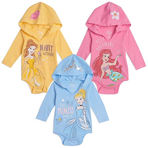 Disney Princess Cinderella Belle Ariel Baby Girls 3 Pack Hooded Bodysuits 18 Months