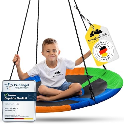WOLKENGLÜCK® Nestschaukel [Ø 110 cm] - Höhenverstellbare Schaukel Outdoor & Indoor für Kinder und Erwachsene [belastbar bis 150 kg] - Tellerschaukel inkl. Montage-Zubehör - Schauke