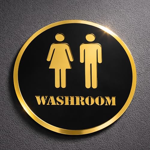 Image of Washroom Round Acrylic Signage Sticker - Self-Adhesive Toilet Sign for Office, Storefront, Cafe, Hotel, Restaurant, Business & Shop - Premium Black Gold Label for Smooth Surfaces