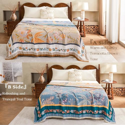 Image of XIBLC Boho Blanket, 100% Cotton Farmhouse Decorative Throw Blanket, 80 inchx90 inch Reversible Bohemian Throw Blanket, Brown All Season Muslin Breathable Woven Blankets Quilt