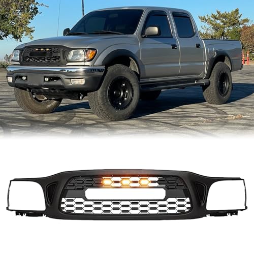 HAPSO Front Bumper Upper Grille Fit For 2001-2004 1st Gen Toyota Tacoma Upgrade Front Grille Mesh Grill Assembly Replacement Matte Black (With LED Lights)